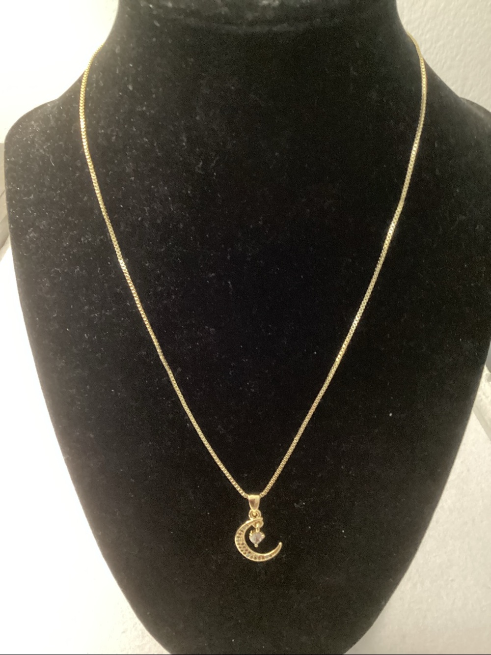 Gold Tone Moon Pendant with Colorful Gems and Heart Accent Necklace